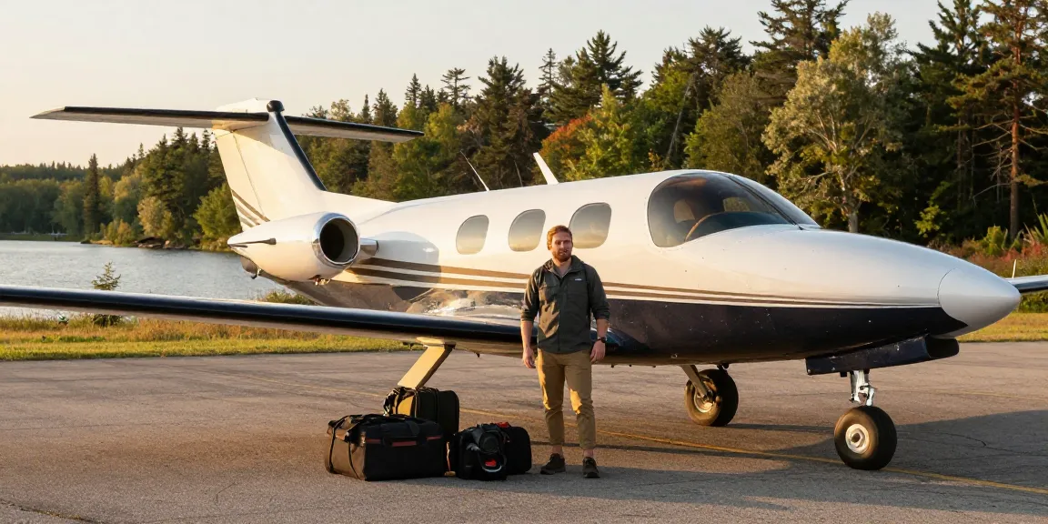 Northern Ontario travel scene with a traveler next to a Piper PA-31 Navajo aircraft, ready for an adventure.