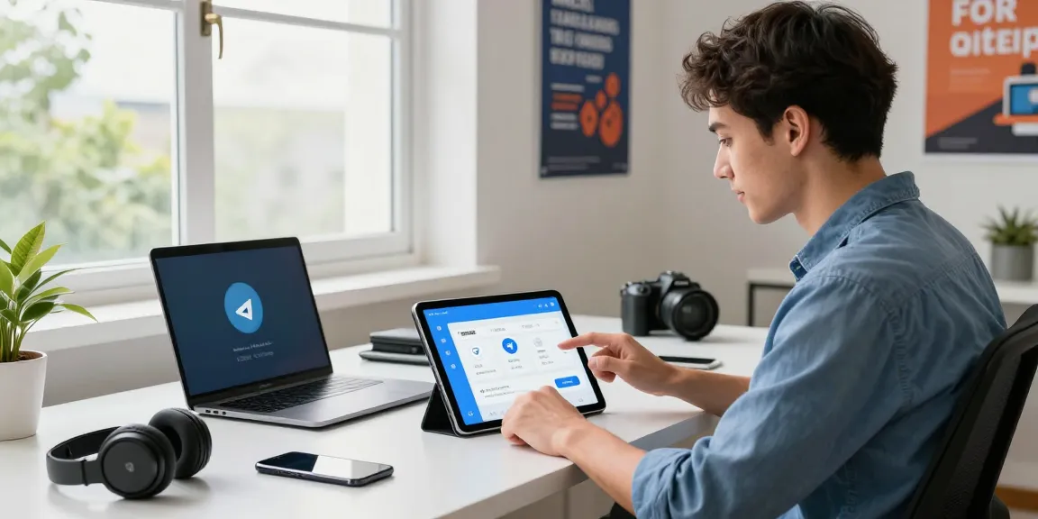 Experience Telegram Chinese interface in a modern workspace with tech gadgets.
