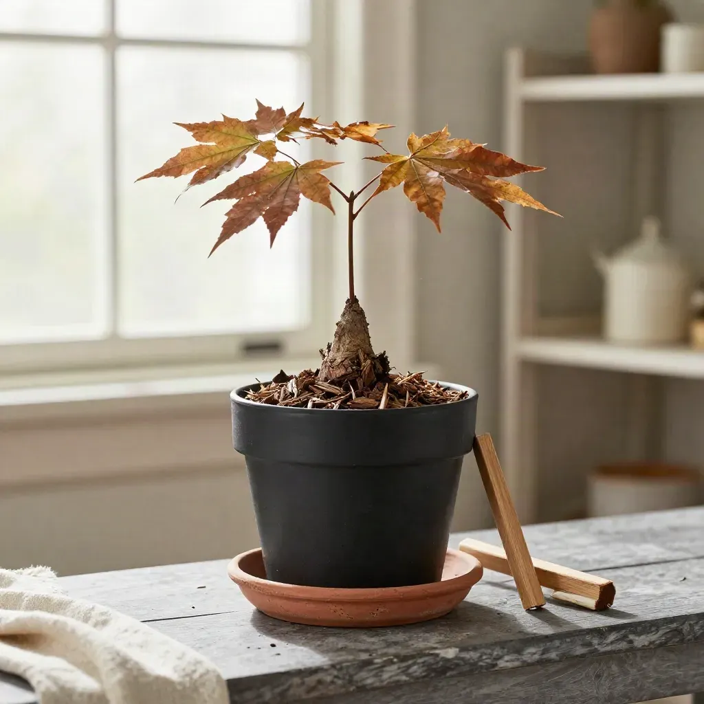 Sugar maple sapling in matte black pot with cedar stakes on a nursery bench, softly lit.
