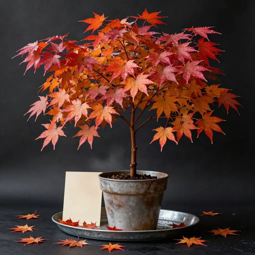 Wet Autumn Blaze maple in a galvanized tray, red-orange leaves and rain beads, studio-lit close-up.