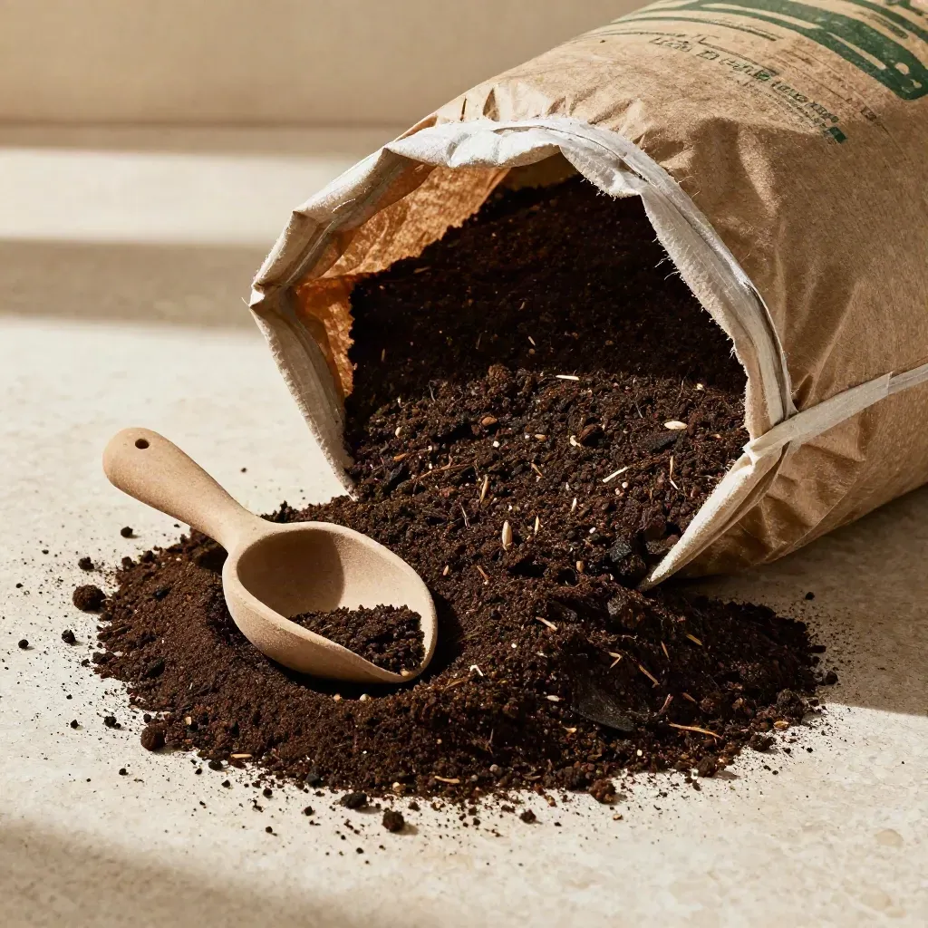 Half-open soil mix bag spilling rich dark mix with a clay scoop on pale travertine.
