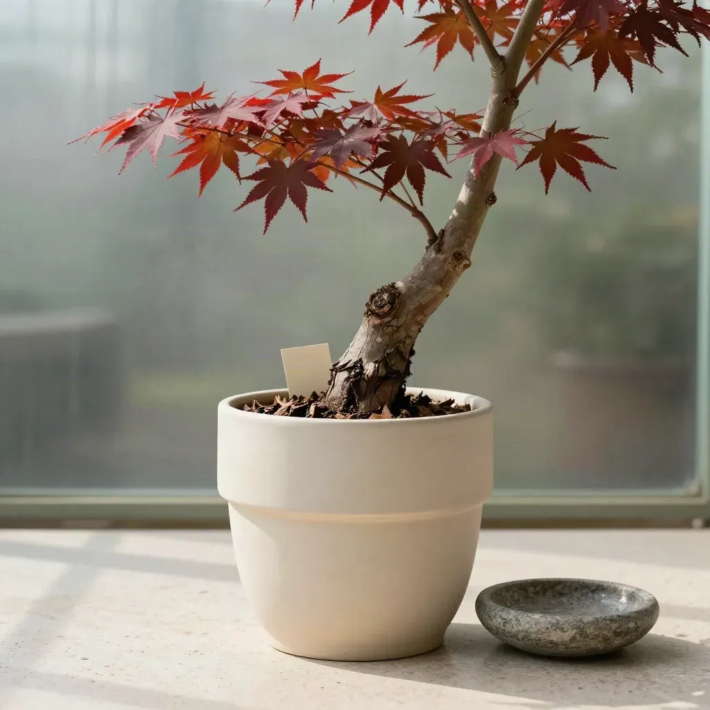 Red Sunset maple in matte pot on travertine with bark chips, stone dish, and soft mist.