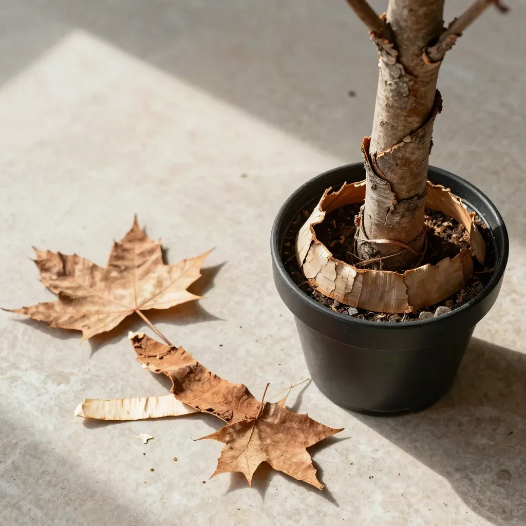 Overhead macro flatlay of a paperbark maple in a black nursery pot with peeling cinnamon bark and stone ring