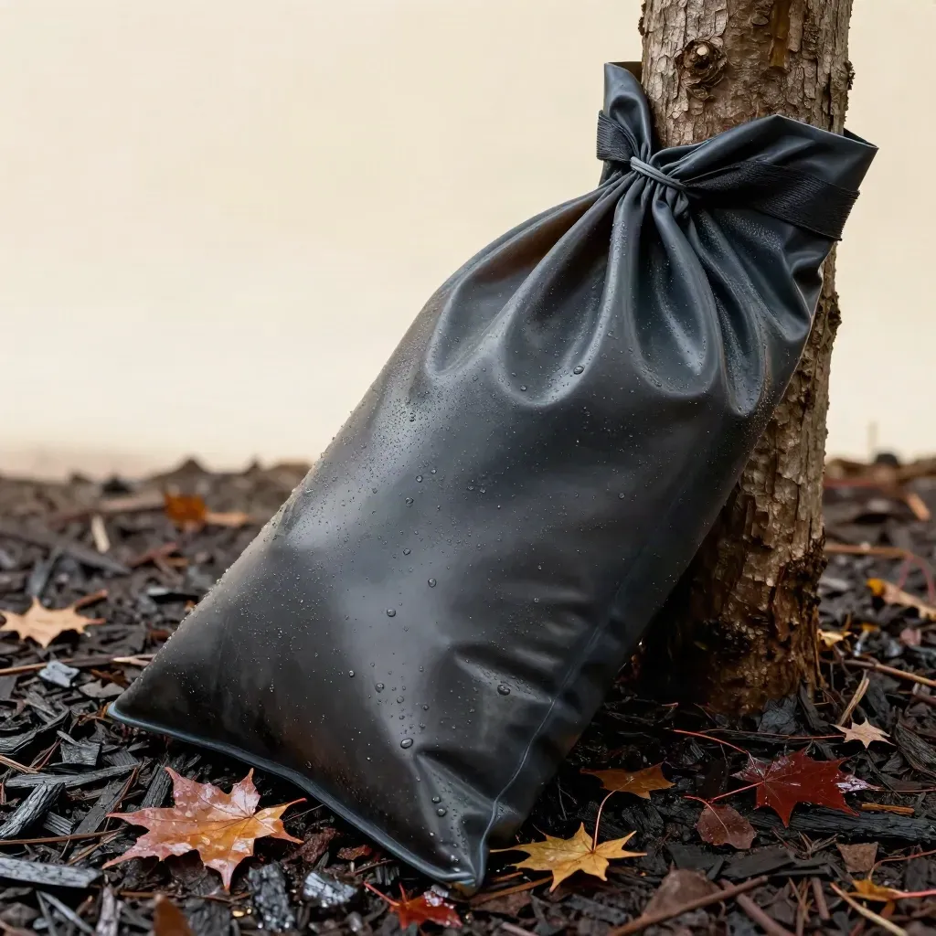 Close macro of a maple sapling water bag swelling with moisture and wet leaves