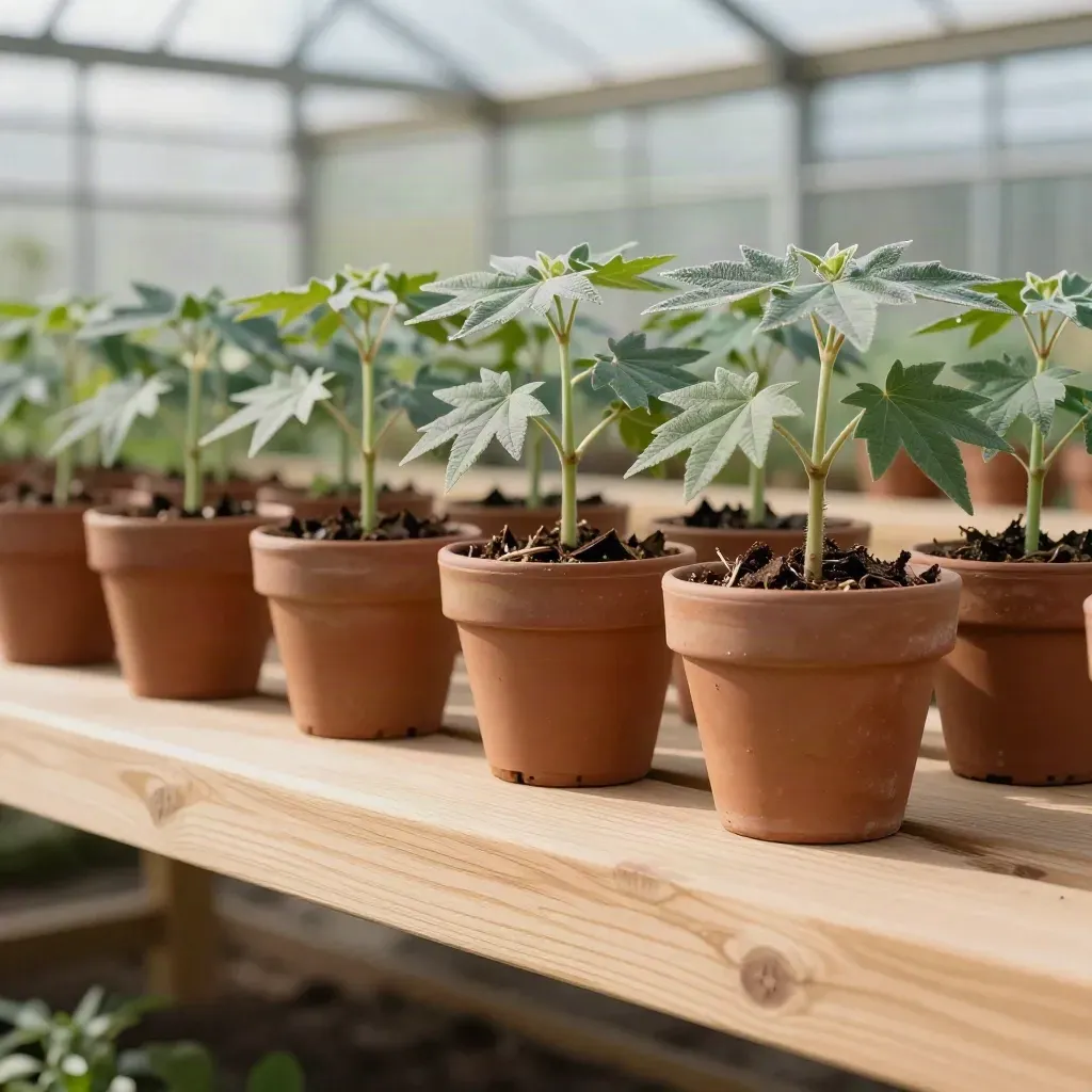 Pale oak greenhouse bench with maple saplings, terracotta pots and blurred nursery rows