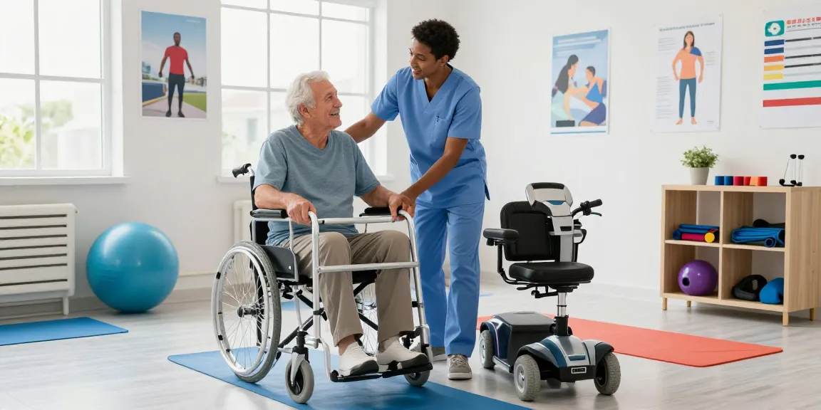 Patient learning to use medical mobility equipment with physical therapist in a bright clinic, showcasing wheelchair and walker.